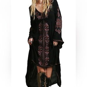 Ethereal Black Embroidered Boho Goth Dress VNeck Empire Waist Bell Sleeves M